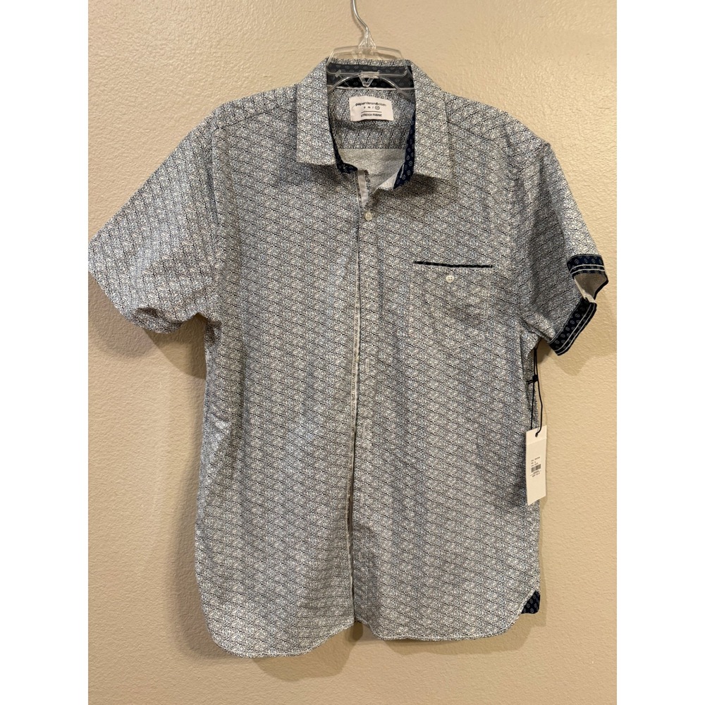 Paperdenim&cloth Mens Slim Fit Short Sleeve Button Down Shirt Geometric White XL